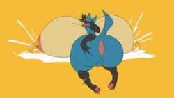 anthro anus ass big_breasts big_butt blush bodily_fluids breasts female genitals hand_on_butt huge_breasts huge_butt hyper hyper_breasts lactating lucario nintendo nipple_piercing nipples piercing pokemon pokemon_(species) pussy solo sweat thewilldpink thick_thighs video_games wide_hips