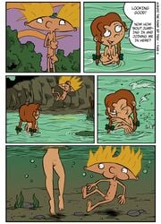 1boy 1girls arnold_shortman blonde_hair brown_hair casual comic dialogue female hey_arnold! human lulu_(hey_arnold) male_nipples nickelodeon nipples nude outdoors pale_skin partially_submerged penis pussy speech_bubble submerged swimming teev testicles text underwater