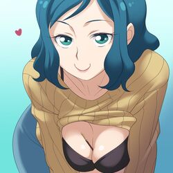 1girls blue_eyes blue_hair bra breasts e_keroron female gundam gundam_build_fighters iori_rinko long_hair mature_female milf pants solo sweater sweater_lift