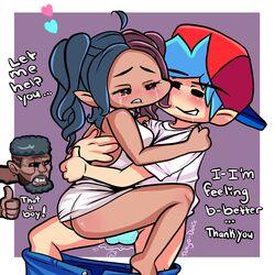 1boy 1girls ambiguous_penetration ass balls blue_balls blue_hair blush boyfriend_(friday_night_funkin) character_request female friday_night_funkin heart hearts inside male penis self_insert text thumbs_up tokyodollie