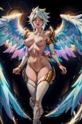 ai_generated angel_wings breasts female female_only kayle league_of_legends lux_paladin pussy short_hair white_hair wings yellow_eyes