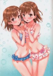 2girls absurd_res ass bare_shoulders bare_thighs bikini blue_bikini blue_swimsuit blush breast_press breasts brown_eyes brown_hair clone collarbone eyebrows eyebrows_visible_through_hair frilled_bikini frills hips huge_filesize isshi_pyuma knees_out_of_frame looking_at_viewer medium_hair misaka_imouto misaka_mikoto multiple_girls navel scan short_hair simple_background small_breasts standing straight_hair swimsuit teenage_girl teenager thighs to_aru_kagaku_no_railgun to_aru_majutsu_no_index young