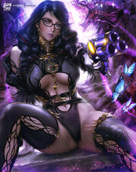 1girls 2d bangs bare_thighs bayonetta bayonetta_(character) bayonetta_3 beauty_mark belly_button big_breasts black_hair bodysuit braid braided_hair braids breasts cleavage female female_focus female_only firearm glasses gun handgun hi_res inner_sideboob leotard lipstick logan_cure long_hair makeup mostly_clothed purple_lipstick revolver solo solo_female solo_focus thick_thighs thighhighs thighs thong thong_leotard underboob watermark weapon wide_hips