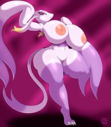 2021 anthro areola big_breasts breasts claws digital_media_(artwork) eyelashes female genitals hi_res huge_breasts looking_at_viewer mienshao navel nintendo nipples pokémon_(species) pokemon purple_eyes pussy solo suirano toe_claws video_games