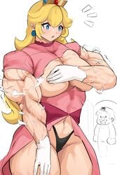 1boy 1girls abs bad_censor blonde_hair blue_eyes bodybuilder clothing covering crown dress female female_focus gloves long_hair looking_at_another male mario mario_(series) muscles musctonk muscular muscular_female nintendo pink_dress princess_peach standing surprised torn_clothes underwear vein veins veiny_muscles