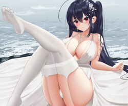 1girls 2021 ahoge azur_lane bangs black_hair blush breasts dress earrings female female_only garter_straps hair_between_eyes hair_ornament huge_breasts jewelry large_breasts leaning_back leg_up light-skinned_female light_skin long_hair looking_at_viewer necklace no_shoes ocean official_alternate_costume panties pantyshot parted_lips plunging_neckline red_eyes sakura_empire_(azur_lane) side_ponytail sitting skindentation solo taihou_(azur_lane) taihou_(temptation_on_the_sea_breeze)_(azur_lane) thighhighs thighs togare underwear very_long_hair wedding_dress white_dress white_legwear white_panties