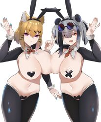 2021 2girls animal_ears arknights arm_up arms_up belly big_breasts black_heart_pasties black_pasties blonde_hair blush bow breast_press breast_to_breast breasts bunny_ears cleavage covered_nipples covered_pussy detached_collar dirty_blonde dirty_blonde_hair fake_animal_ears feater_(arknights) female female_focus female_only grey_hair hair_clip hair_clips hairclip heart_pasties image looking_at_viewer multiple_girls nail_polish nails navel necktie nipple_pasties no_bra no_panties orange_eyes pasties peace_sign purple_eyes pussy_pasty reverse_bunnysuit sandy_blonde sandy_blonde_hair simple_background sunglasses sunglasses_on_forehead sunglasses_on_head twintails unknownnoname0 utage_(arknights) v v_sign white_background wrist_cuffs x_pasties