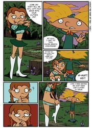 1boy 1girls arnold_shortman assisted_exposure blonde_hair brown_hair casual clothed clothing comic dialogue female hey_arnold! human lulu_(hey_arnold) nickelodeon outdoors pale_skin speech_bubble teev text undressing