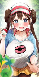 1girls 2021 bangs blurry blush bra breasts brown_hair creatures_(company) depth_of_field double_bun embarrassed game_freak highres holding holding_pokeball large_breasts long_brown_hair long_hair long_twintails looking_at_viewer nintendo open_hand open_mouth pantyhose pokeball pokeball_logo pokemon pokemon_(species) pokemon_bw2 print_shirt raglan_sleeves raised_eyebrows rosa_(pokemon) rouka_(akatyann) shirt shorts snivy solo sweat tearing_up tears twin_buns twintails very_long_hair visor