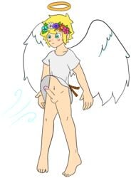 accidental_exposure angel angel_wings basil_(omori) blonde_hair blue_eyes erection exalteduriel flower_crown halo omori penis solo_male surprise surprised transparent_background wind wind_lift