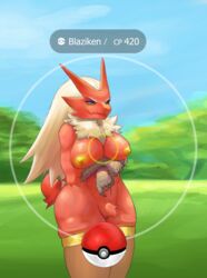 anthro areola big_breasts blaziken breasts chest_tuft clothing crotch_tuft female hi_res legwear looking_at_viewer nintendo nipples pokéball pokemon pokemon_(species) pokemon_go pov solo thigh_highs tuft video_games vivid-day_(artist) yellow_nipples