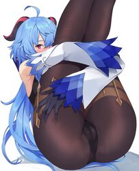 ass ass_focus black_legwear blue_hair blush ganyu_(genshin_impact) genshin_impact horns kamu_(kamuuei) kamuuei looking_at_viewer pantyhose