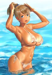 areolae_slip armpit arms_up bangs beach big_breasts bikini blue_eyes cleavage female female_only hands_on_head huge_breasts intrepid_(kantai_collection) kantai_collection light_brown_hair looking_at_viewer micro_bikini ocean open_mouth ponytail see-through_bikini see-through_clothing side-tie_bikini solo swimsuit tan_skin tanline tying_hair wa_(genryusui) water wet_clothes white_bikini