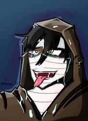 ahe_gao angels_of_death bandage black_hair crying crying_with_eyes_open cum cum_in_mouth cum_on_face cumshot eyes_visible_through_hair gay hood hoodie isaac_foster male male_only nedza_d satsuriku_no_tenshi sweatshirt teeth tongue tongue_out white_skin yaoi yellow_eyes