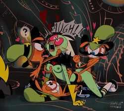 2d 3boys alien ambiguous_penetration armor breasts canine clothing female footwear green_body green_skin handwear lord_dominator male nipples punk saliva sex star_nomad text umayorokobi wander_(wander_over_yonder) wander_over_yonder