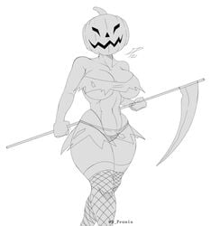 black_and_white breasts dpronin female female_only halloween halloween_costume halloween_pumpkin hips human looking_at_viewer plant_humanoid pumpkin pumpkin_head ripped_clothing ripped_pants scythe simple_background thighs