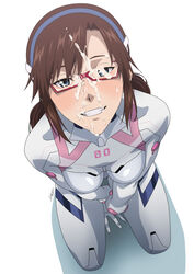 1girls blush bodysuit breasts brown_hair clothing cum cum_on_face cum_on_glasses facial female glasses hands_covering_crotch himemura_saki human kneeling light-skinned_female light_skin long_hair looking_at_viewer mari_illustrious_makinami medium_breasts neon_genesis_evangelion on_knees pilot_suit plugsuit rebuild_of_evangelion seductive_look smiling_at_viewer thighs tight_bodysuit twintails white_plugsuit