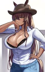 1girls 2021 animal_ears black_bra bra breasts brown_eyes brown_hair brown_skin cigarette cleavage cowboy_hat dark-skinned_female dark_skin female female_focus female_only fence hand_on_hip hat hi_res hips holding_object horse_ears horse_girl horse_tail huge_breasts jeans long_hair looking_at_viewer loooyd original original_character painted_nails simple_background slim_waist smile smoking tail very_long_hair white_background white_shirt wide_hips