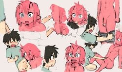 2boys androgynous black_hair clapping colored_skin cum demon demon_boy facial fellatio gay horns male_focus male_only multiple_boys nemge oral red_hair red_skin tagme undressing yaoi