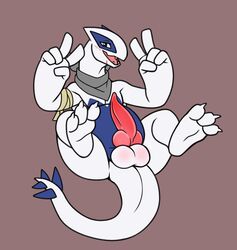 3_toes absurd_res anthro balls bandana erection feet genitals gesture hi_res kerchief knot legendary_pokémon lugia male nintendo penis pokemon pokemon_(species) sharkiedude solo tapering_penis toes v_sign video_games white_body