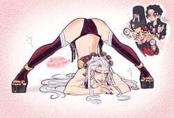 2boys 2girls ass_up bbeetleko big_ass daki_(kimetsu_no_yaiba) demon demon_girl demon_slayer demons douma female female_focus hair_ornament jack-o_pose kimetsu_no_yaiba long_hair male_(face_only) muzan_kibutsuji nail_polish nakime obi oiran okobo panties platform_footwear red_nails side-tie_panties solo_female thick_thighs thighhighs white_hair