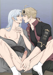 2boys after_kiss anal_fingering blonde_hair bodily_fluids clothing erect_penis erection fingering fingering_partner fingers_in_ass gay genitals genshin_impact kamisato_ayato legs_apart looking_at_partner male male/male male_only penis rinrink20 robe saliva saliva_trail sitting socks thoma_(genshin_impact) yaoi