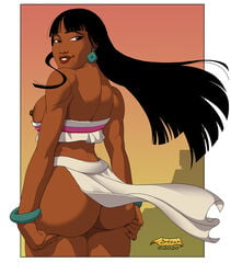 1girls almost_naked artist_signature big_ass big_butt black_hair chel dark-skinned_female dark_skin dreamworks female_only green_bracelet green_earrings hands_on_ass long_hair looking_at_viewer looking_back native_american rear_view red_lipstick smile solo_female standing the_road_to_el_dorado thick_thighs wbreaux