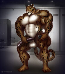 4_toes 5_fingers abs anthro areola balls benji_(character) biceps big_balls big_muscles big_penis biped clouded_leopard digital_media_(artwork) ear_piercing feet felid fingers genitals hi_res holding_object huge_cock huge_muscles huge_thighs humanoid_genitalia humanoid_penis inside locker locker_room mainlion male mammal muscular muscular_anthro muscular_male muscular_thighs navel nipples nude pantherine pecs penis penis_grab piercing pinup pose quads smile solo solo_male standing thick_thighs toes vein veiny_penis yellow_eyes