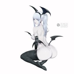 ass bat_wings black_legwear breasts crossover darkstalkers earrings female long_hair looking_at_viewer morrigan_aensland nier nier:_automata nier_(series) simple_background sitting small_breasts solo stockings succubus white_background yorha_2b zeronis