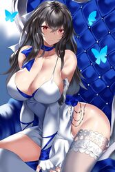 1girls 2020 absurdres azur_lane bangs bare_shoulders blue_butterfly blush breasts bug butterfly choker cleavage collarbone dress earrings elbow_gloves evening_gown farys_(afopahqfw) female female_focus female_only fingerless_gloves gloves grey_hair highres iris_libre_(azur_lane) jewelry large_breasts light-skinned_female light_skin long_hair looking_at_viewer red_eyes saint-louis_(azur_lane) saint-louis_(holy_knight's_resplendence)_(azur_lane) sitting solo thighhighs white_dress white_gloves white_legwear