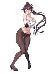 azur_lane bangs black_footwear blush bodystocking bow breasts breasts_day brown_eyes brown_hair brown_legwear collarbone commentary_request commission covering covering_breasts elbow_gloves eyebrows_visible_through_hair female fingerless_gloves floating_hair full_body gloves hair_between_eyes hair_flaps hairbow high_heels highres large_breasts long_hair looking_at_viewer navel nose_blush open_mouth ozucat partial_commentary ponytail sidelocks simple_background skeb_commission solo standing stomach takao_(azur_lane) takao_(full_throttle_charmer)_(azur_lane) thigh_gap topless very_long_hair white_background white_bow white_gloves