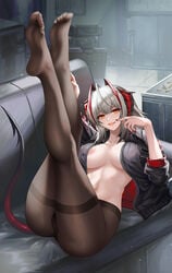 ass breasts clothing feet fingerless_gloves horns kacyu leggings legwear nipples no_bra red_nails smile tail w_(arknights) white_hair yellow_eyes