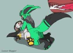 black_skin cum cum_in_ass cum_in_mouth cum_inside dragon dutch_angel_dragon dutch_angle furry green_body green_ears green_hair green_skin green_tail grey_fur inside paw_pose pawprint penis sex yellow_fur yellow_tail