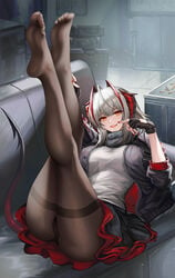 clothing feet fingerless_gloves horns kacyu leggings legwear red_nails skirt smile tail w_(arknights) white_hair yellow_eyes