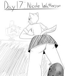 2021 anthro ass black_and_white bottomwear cartoon_network clothed clothing domestic_cat elemental_creature felid feline felis female female_focus flora_fauna food food_creature genitals group hands_on_hips hi_res himitsu idaho_(tawog) larry_needlemeyer living_vegetable low-angle_view male mammal monochrome nicole_watterson no_underwear plant potato pussy sketch skirt solo_focus the_amazing_world_of_gumball upskirt vegetable