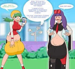 2futas animal_ears balls balls_bigger_than_penis balls_expansion balls_under_clothes big_balls_small_penis big_breasts breasts chetta_(pokemon) clothed clothing dialogue duo futa_only futanari glasses green_hair hyper hyper_balls kris_(pokemon) light-skinned_futanari light_skin long_hair mostly_clothed nintendo no_nut_november offscreen_character outside oversized_balls pale_skin penis pokemon pokemon_masters purple_hair rachel_(pokemon) rosa_(pokemon) sally_starchaser small_penis standing text twintails wide_hips