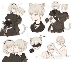 1boy 1girls android bath blue_eyes blush breasts canon_couple cat_ears cat_tail catboy choker collar cute embarrassed face_lick happy heart hug in_love kan'no_(knn_mata) nekomimi nier:_automata princess_carry robot romantic shared_bathing staring white_hair wholesome yorha_2b yorha_9s