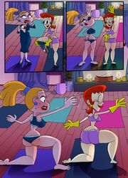 2021 2girls artist_name ass big_ass big_breasts blonde_hair bottom_heavy cartoon_network charlotte_pickles clothed clothing crossover dexter's_laboratory dexter's_mom female female_only gloves multiple_girls nickelodeon nipple_bulge pokies ponytail red_hair rugrats sweat teev undressing what_a_cartoon workout yoga