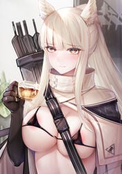 animal_ears areola_slip areolae arknights arrow_(projectile) bangs bikini binggong_asylum black_bikini black_gloves breasts chinese_commentary commentary_request cum cup eyebrows_visible_through_hair female female gloves hand_up highres holding holding_cup jacket kingdom_of_kazimierz_logo large_breasts long_hair looking_at_viewer micro_bikini midriff platinum_(arknights) quiver silver_hair solo swimsuit teacup translation_request unaligned_breasts upper_body white_jacket yellow_eyes