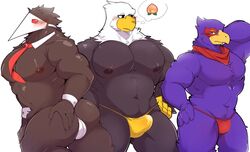 2021 3boys abs accipitrid accipitriform animal_crossing anthro anthro_on_anthro apollo_(animal_crossing) ass avian bald_eagle bara beak big_bulge big_butt big_muscles bird blush bulge clothed clothing crossover darkner deltarune eagle erection erection_under_clothing falco_lombardi falcon falconid feathers food fruit gay hand_on_butt hi_res male male/male male_only mask muscular muscular_anthro muscular_male navel neckerchief necktie nintendo nipples peach_(fruit) pecs pictographics plant pose sea_eagle seintaur simple_background standing star_fox swatchling_(deltarune) tenting thong thought_bubble underwear video_games white_background