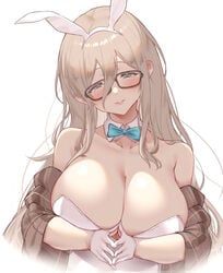 1girls 2021 akane_(blue_archive) akane_(bunny)_(blue_archive) animal_ears bangs bare_shoulders blonde_hair blue_archive blue_bow blue_bowtie bow bowtie breasts cleaning_&_clearing_(blue_archive) cleavage detached_collar fake_animal_ears female female_focus female_only fingers_together gloves grey_eyes jacket large_breasts leotard long_hair looking_at_viewer millennium_science_school_student off_shoulder own_hands_together parted_lips plaid plaid_jacket playboy_bunny rabbit_ears simple_background skysign_ft smile solo solo_female strapless strapless_leotard upper_body white_background white_gloves white_leotard