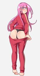 1girls ass blue_eyes blush bokutachi_wa_benkyou_ga_dekinai embarrassed eye_contact female hentaly kirisu_mafuyu_(bokuben) long_hair looking_at_viewer looking_back panties pants pink_hair solo standing