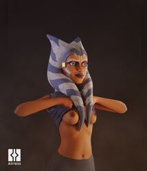 1girls 2021 3d ahsoka_tano airress3d airress3d_(3d-modeller) alien_girl athletic_female blue_eyes breasts clone_wars clothed clothing female_focus female_only hi_res medium_breasts navel nipples revealing_clothes shirt_lift simple_background smile solo star_wars the_clone_wars:_season_seven togruta watermark