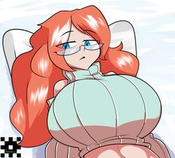 bare_shoulders blue_eyes glasses huge_breasts joeydrawss orange_hair sweater unamused