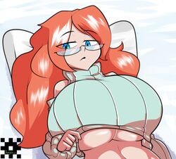 bare_shoulders blue_eyes huge_breasts joeydrawss orange_hair sweater sweater_lift unamused underboob