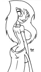 big_breasts disney disney_channel female female_only human innocenttazlet kim_possible large_breasts line_art long_hair monochrome pointy_chin shego solo straight_hair virgin_killer_dress