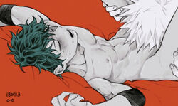 2boys abs arms_above_head blonde_hair blowjob blush closed_eyes elbow_pads fellatio freckles gay green_hair head_between_thighs izuku_midoriya katsuki_bakugou leg_grab looking_pleasured lying_on_back male male/male male_only megane_o__o my_hero_academia nipples oral oral_sex pecs red_background saliva_trail short_hair six_pack spiky_hair sweatdrop yaoi