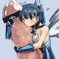 3678177 bar_censor bare_shoulders blue_background blue_eyes blue_hair blush breasts censored cleavage cum cumdrip fairy female gauntlets gigantic_penis hair_ribbon heart hyper_penis koonago looking_at_viewer minigirl penis penis_hug ribbon sennen_sensou_aigis spirit_of_iron tied_hair twintails wings