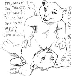 2009 asthexiancal brother_and_sister drinking_pee drinking_urine facesitting father_of_the_pride femdom french_text furry furry_only hunter_(father_of_the_pride) incest lion lioness monochrome paws peeing peeing_in_mouth pussy sierra_(father_of_the_pride) urine watersports