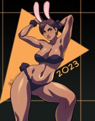 1girls athletic_female bikini brown_eyes brown_hair bunny_ears bunny_girl bunny_tail dark-skinned_female dead_or_alive large_breasts latina lisa_hamilton triplexmile year_of_the_rabbit